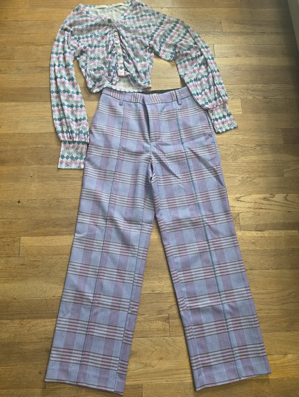 Women's Lavender Plaid Wide-Leg Pants